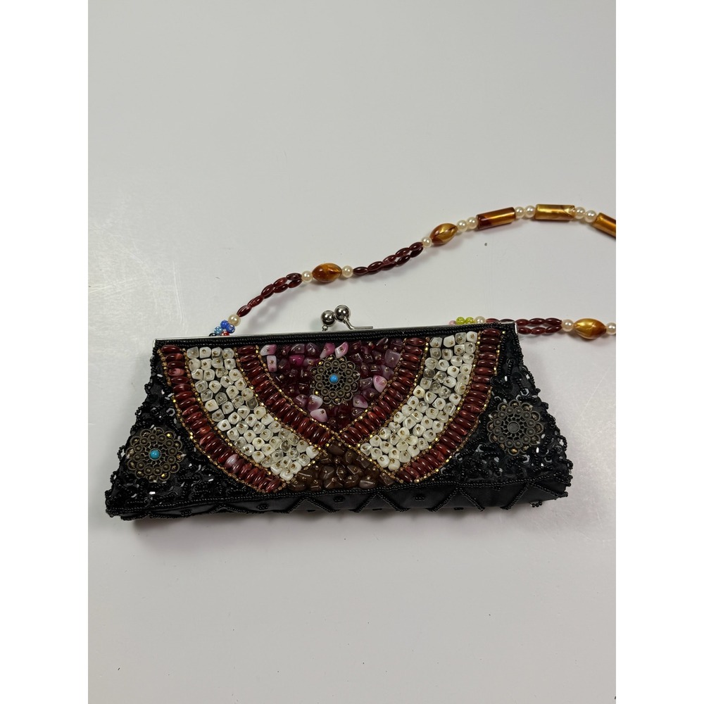 Vintage Style Beaded Stone Evening Clutch Bag Kiss Lock Black Burgundy Cream